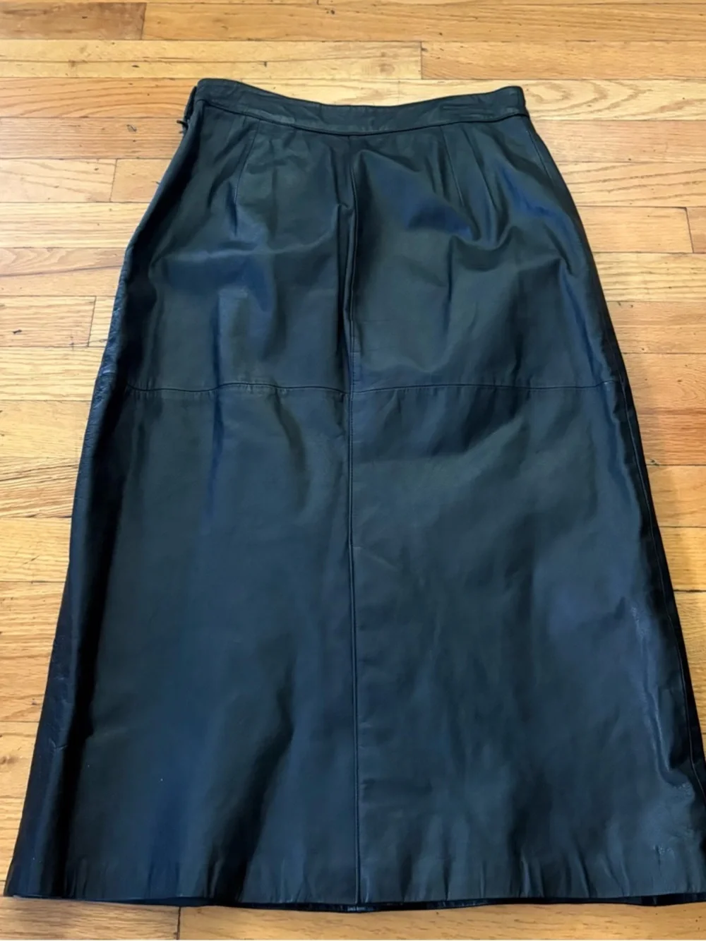 Vintage Tibon Black Leather Midi Skirt High Waist Minimalist 90s Size 12